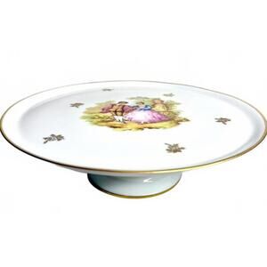Vintage Limoges Porcelaine Pedestal Cake Stand – Fragonard Courting Scene – 13”